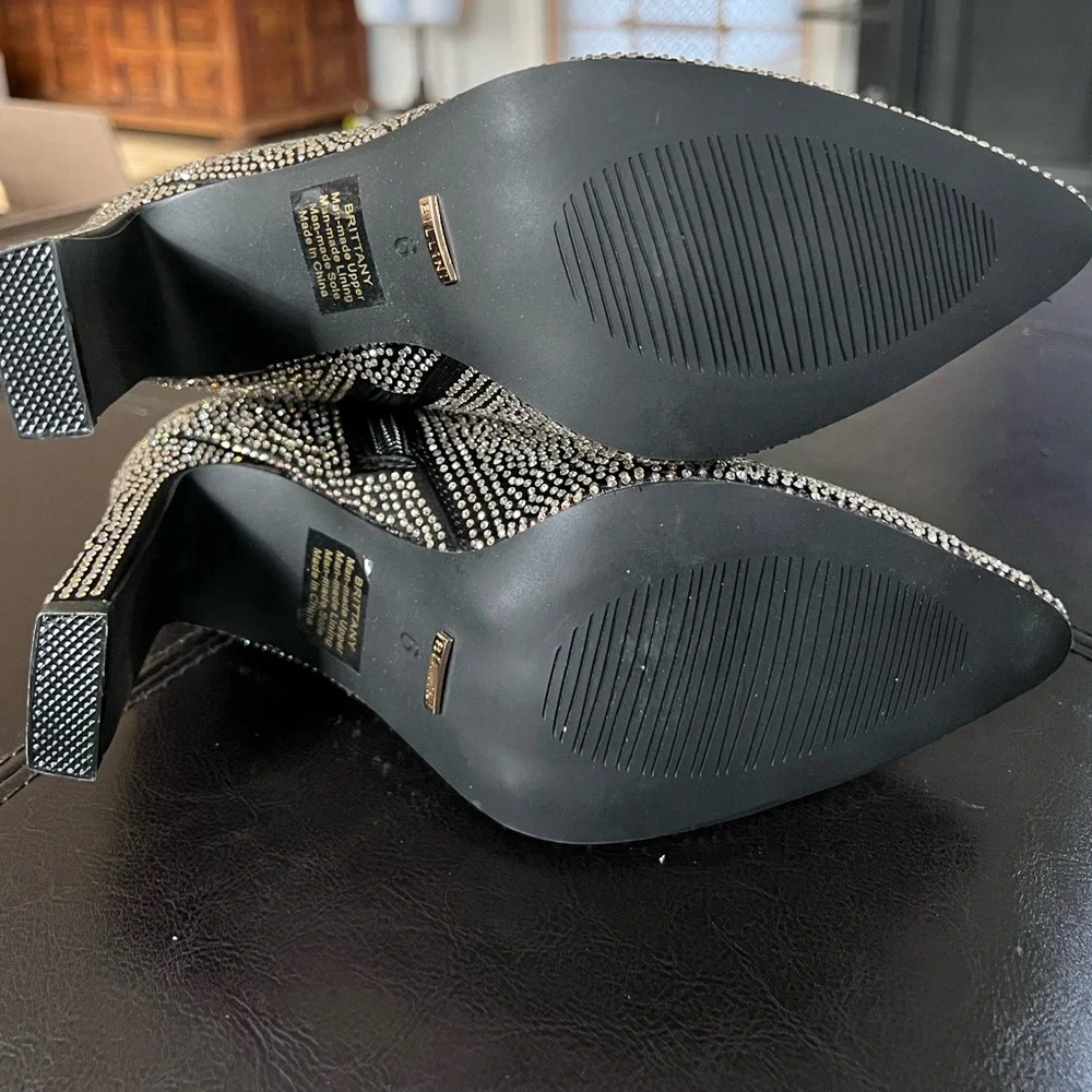 BILLINI- BRITTANY BLACK SATIN-RHINESTONE BOOTIE SIZE 6